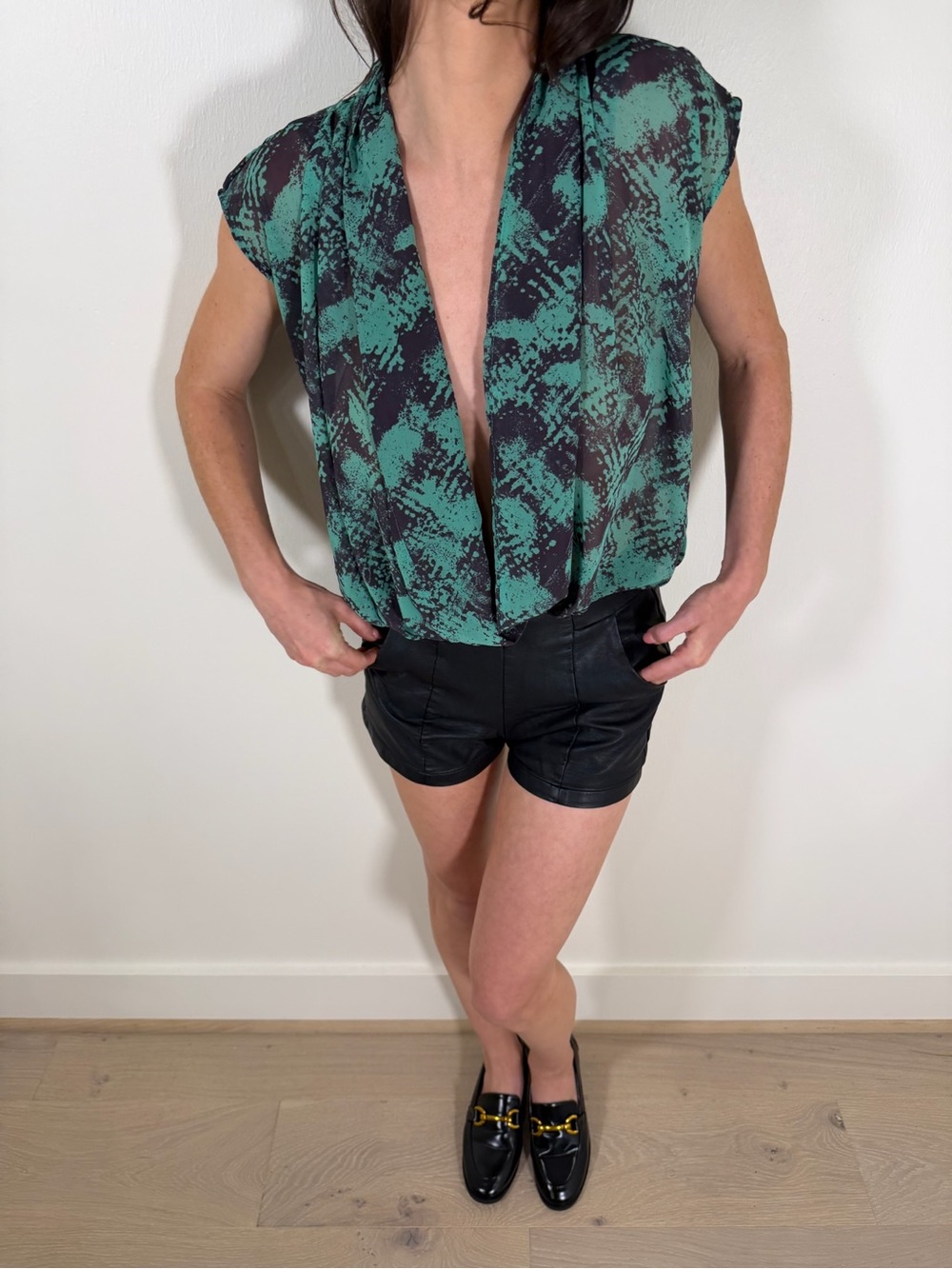 Vintage Teal & Black Draped V-Neck Blouse